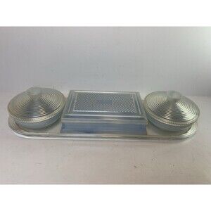 Vintage Fosta Dresser Set Powder Trinket Boxes Plastic Blue Marbled Vanity Tray